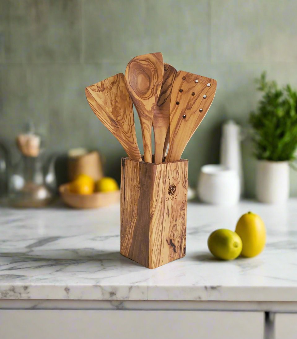 Support en bois d'olivier fait main+ Kit d'ustensiles de 5 porte-ustensiles+ 2 spatule + 3 cuillères 100% bois d'olivier 