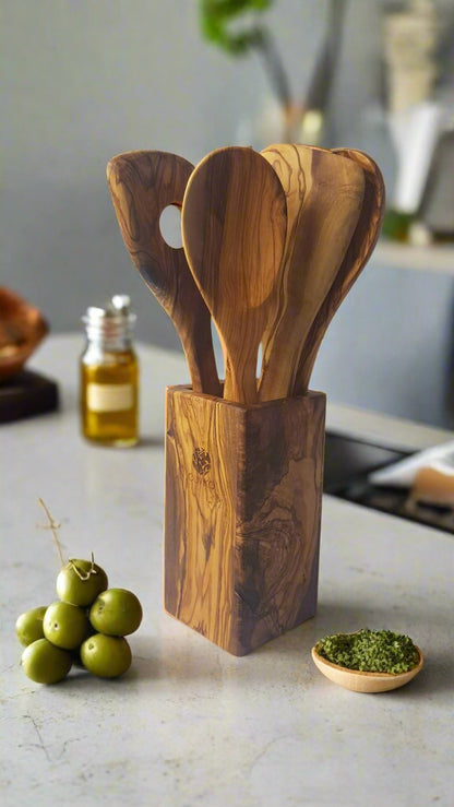 Handmade Olive Wood Holder+ Utensils Kit of 5 Utensils Holder+ 1 Spatula + 4 Spoon 100% Olive Wood - oliviko