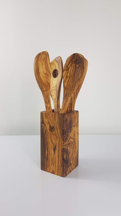 Handmade Olive Wood Holder+ Utensils Kit of 5 Utensils Holder+ 1 Spatula + 4 Spoon 100% Olive Wood - oliviko