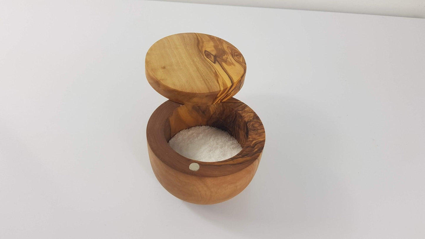 OLIVIKO Handmade Olive Wood Salt keeper box, Salt cellar with magnetic lock - oliviko