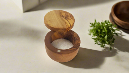 OLIVIKO Handmade Olive Wood Salt keeper box, Salt cellar with magnetic lock