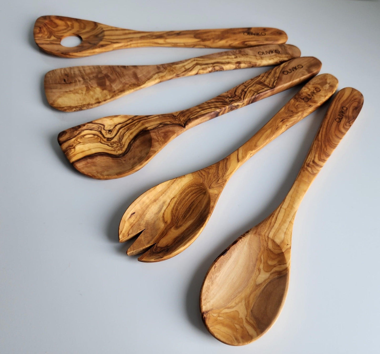 Handmade Olive Wood Holder+ Utensils Kit of 5 Utensils Holder+ 1 Spatula + 4 Spoon 100% Olive Wood - oliviko