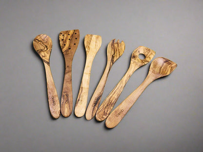 Kit d'ustensiles en bois d'olivier faits à la main de 5 ustensiles 1 spatule + 4 cuillères 100% bois d'olivier