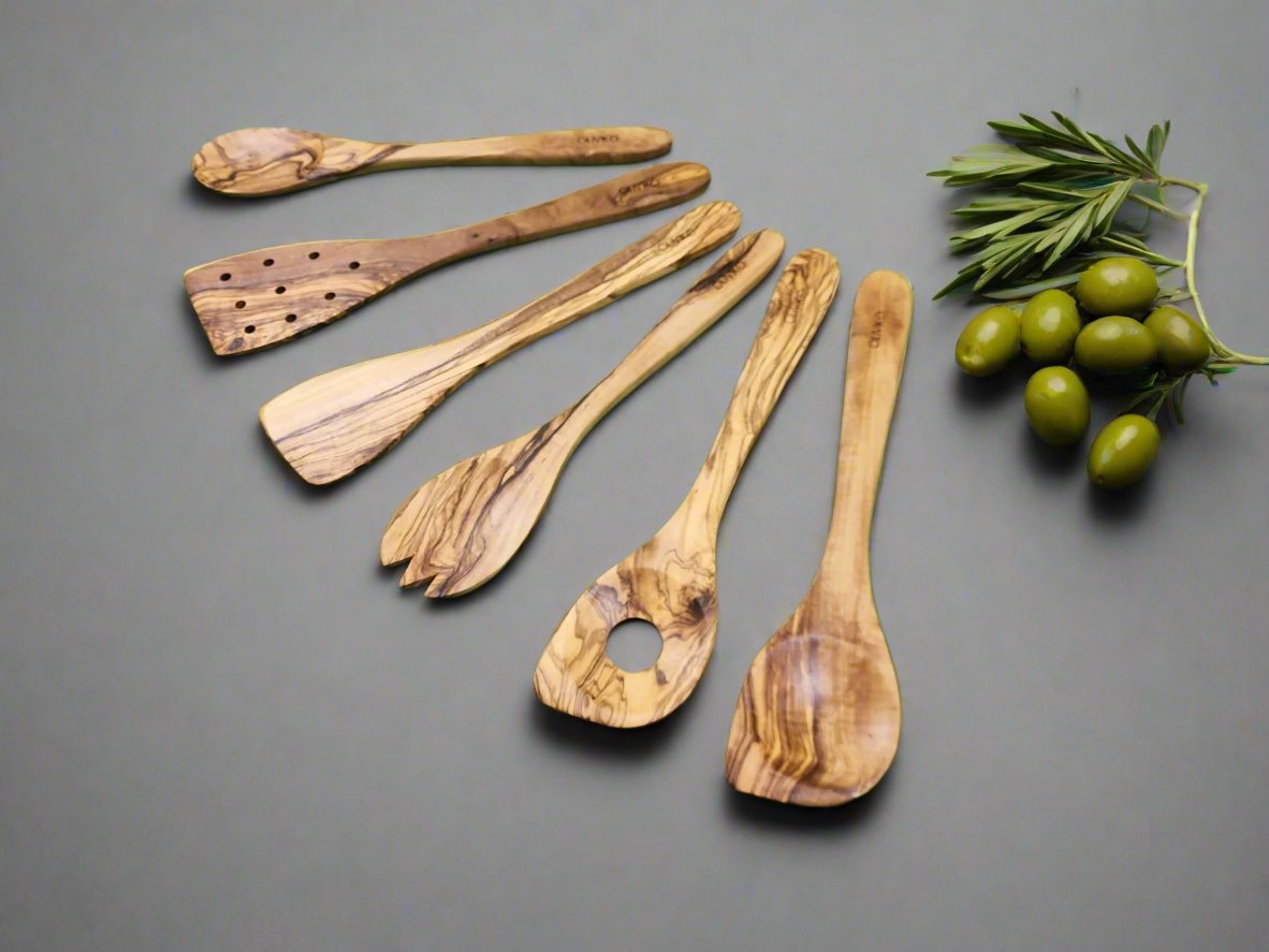 Handmade Olive Wood Utensils Kit of 6 Utensils 2 Spatula + 4 Spoon 100% Olive Wood