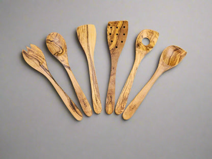 Kit d'ustensiles en bois d'olivier faits à la main de 5 ustensiles 1 spatule + 4 cuillères 100% bois d'olivier