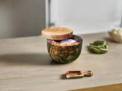 OLIVIKO Handmade Olive Wood Salt keeper box, Salt cellar with magnetic lock