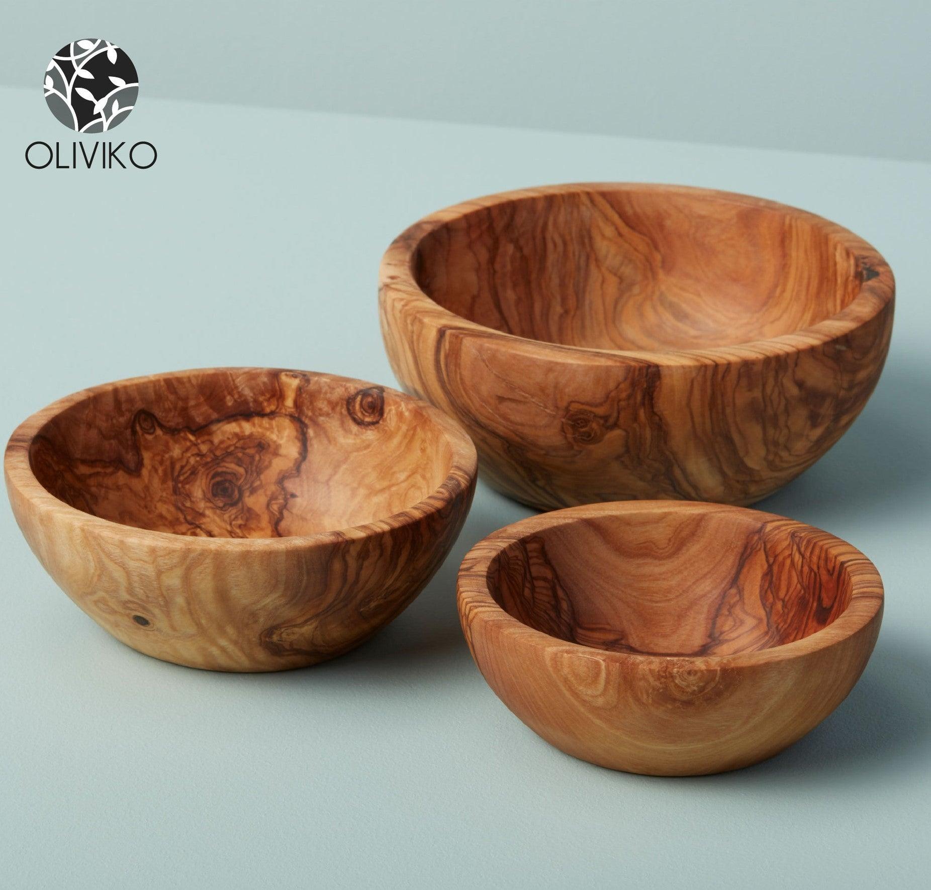 OLIVIKO 100% Handmade Olive Wood kit 3 Bowls, slad Bowl, snack Bowl 12, 14 and 16 cm Bowl - oliviko