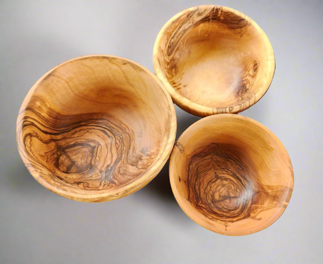 OLIVIKO 100% Handmade Olive Wood kit 3 Bowls, slad Bowl, snack Bowl 12, 14 and 16 cm Bowl