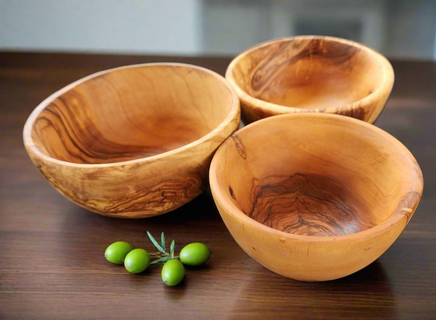 OLIVIKO 100% Handmade Olive Wood kit 3 Bowls, slad Bowl, snack Bowl 12, 14 and 16 cm Bowl - oliviko