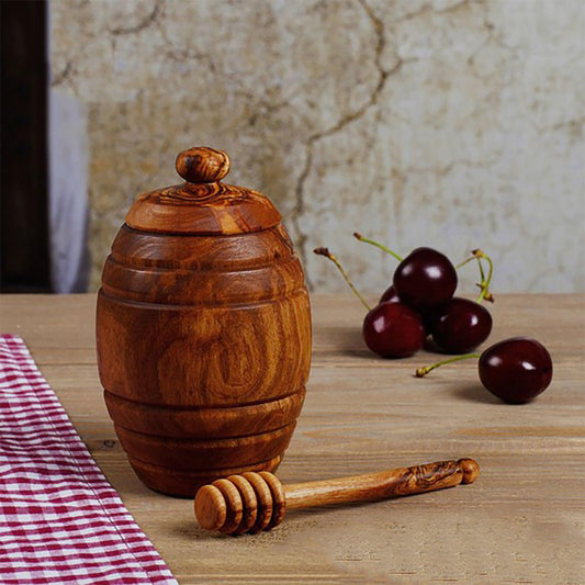 OLIVIKO 100% olive wood Honey pot, Jar with a dipper - oliviko