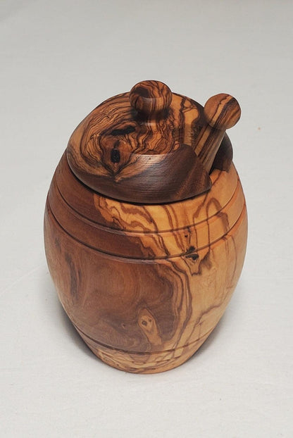 OLIVIKO 100% olive wood Honey pot, Jar with a dipper - oliviko