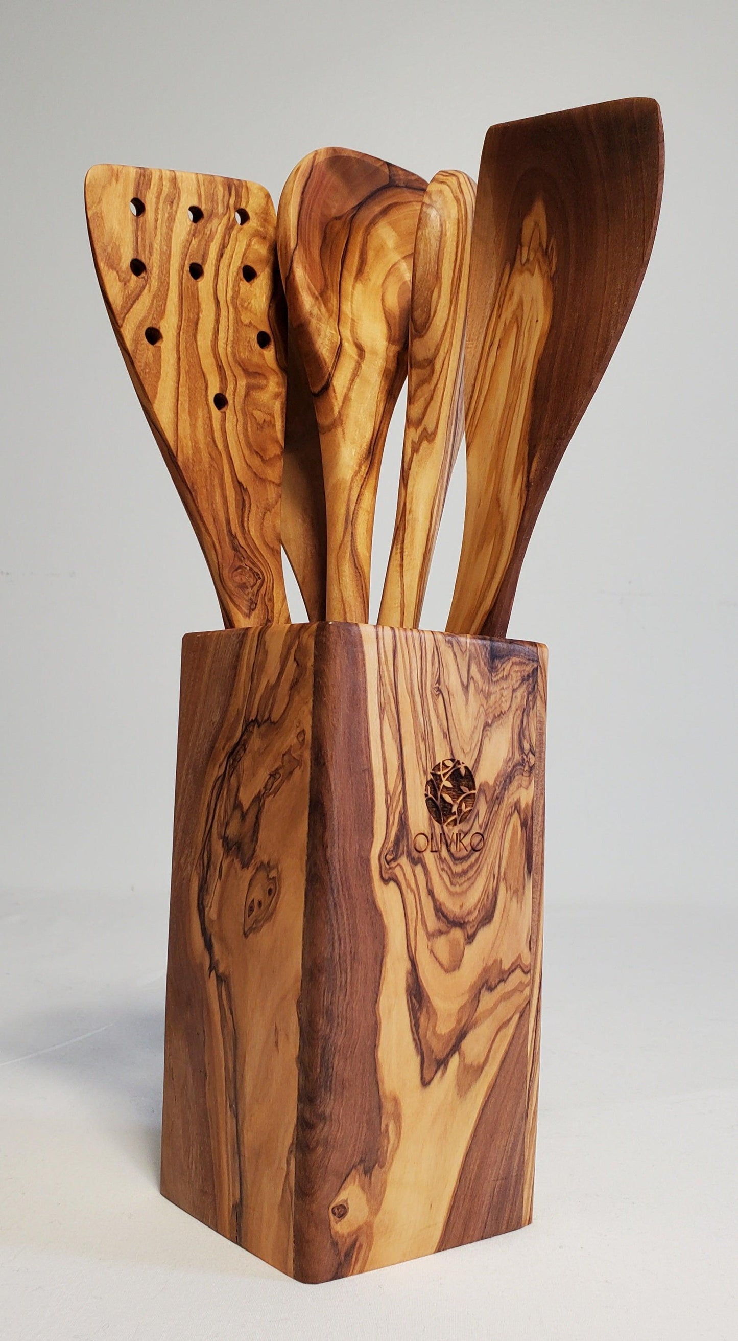 Handmade Olive Wood Holder+ Utensils Kit of 5 Utensils Holder+ 2 Spatula + 3 Spoon 100% Olive Wood - oliviko