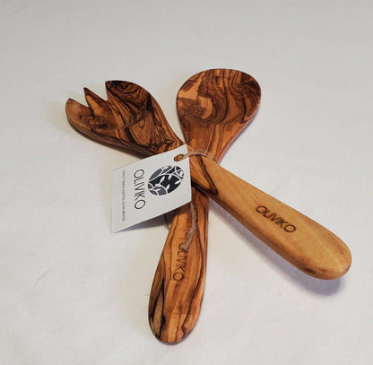 Handmade Olive Wood Utensils Salad Servers 9.5 inch - oliviko