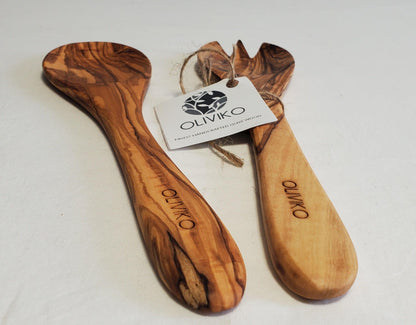 Handmade Olive Wood Utensils Salad Servers 9.5 inch - oliviko