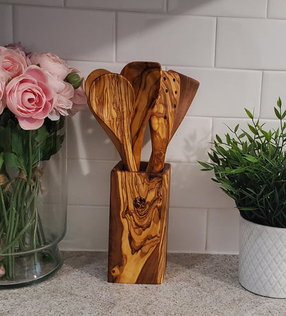 Handmade Olive Wood Holder+ Utensils Kit of 5 Utensils Holder+ 2 Spatula + 3 Spoon 100% Olive Wood - oliviko